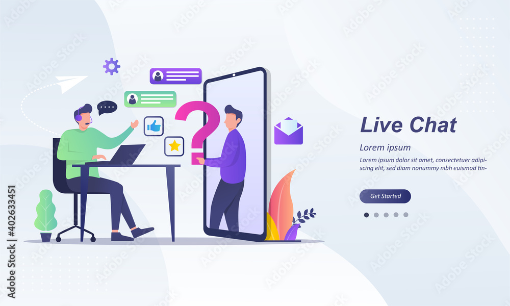 Customer Support concept design, live chat Operator with headset doing live feedback, hotline operator advises client, Suitable for web landing page, ui, mobile app, banner template
