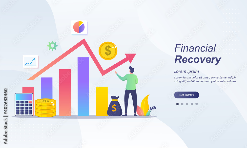 Fototapeta premium Economy recovery after coronavirus crisis, stock market was stopped by covid-19, financial growth up uitable for web landing page, ui, mobile app, banner template. Vector Illustration&nbsp;