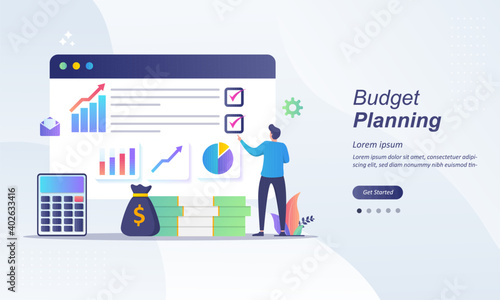 Budget planning concept, financial analyst at checklist on paper, new plan financial graph data, financial report balance sheet statement, can use for web landing page, ui, mobile app, other template
