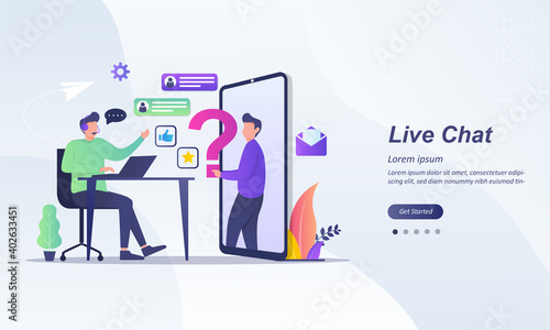 Customer Support concept design, live chat Operator with headset doing live feedback, hotline operator advises client, Suitable for web landing page, ui, mobile app, banner template
