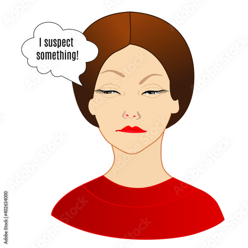 emoticon with suspicious expression, woman cartoon character, simple hand drawn icon from a set, simplistic vector illustration