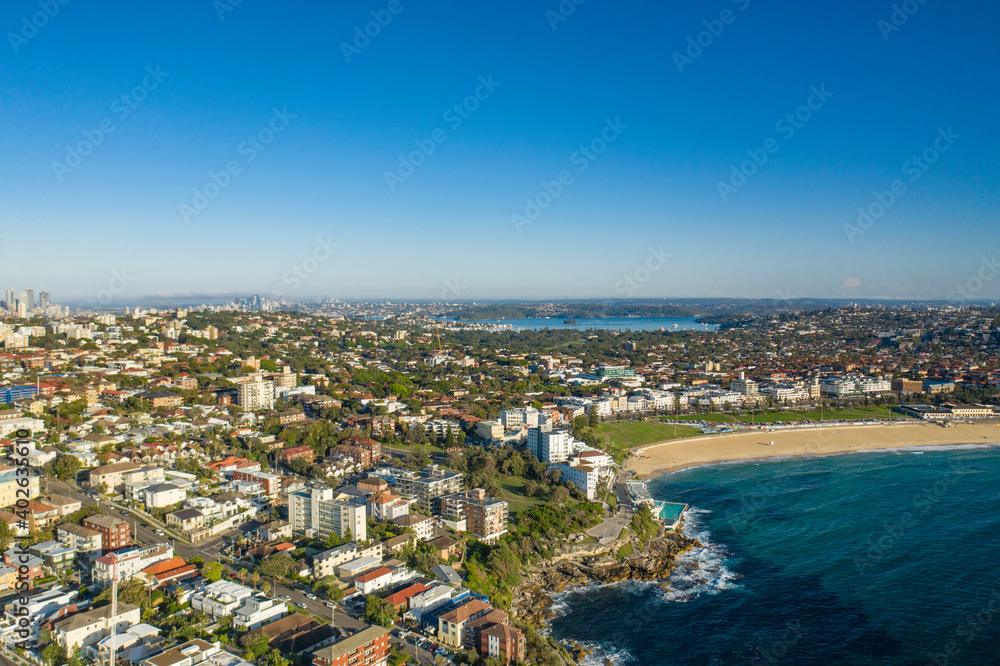 
Aerial drone view of iconic Bondi Beach in Sydney, Australia during summer on a sunny morning 