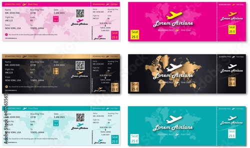 Double Side (Front and Back) Boarding Pass Ticket Airlane Template Design With 3 Color Themes (Pink, Golden Luxury, Cyan Accent)