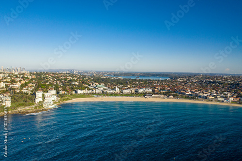 Fototapeta Naklejka Na Ścianę i Meble -  Aerial drone view of iconic Bondi Beach in Sydney, Australia during summer on a sunny morning 