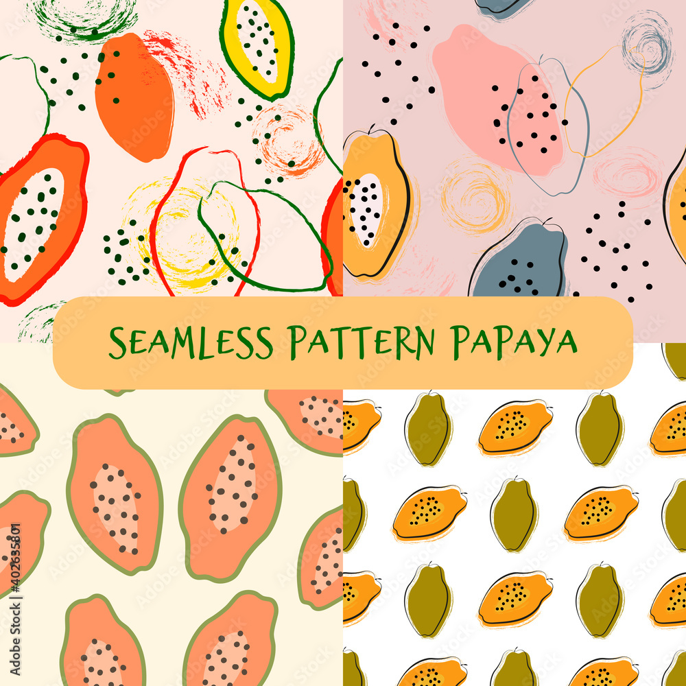 Set seamless pattern with papaya fruit and abstract elements, hand drawn brush on pink and light yellow background. Vector cartoon illustration.