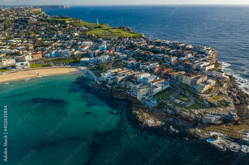 Aerial drone view of north Bondi Beach in Sydney, Australia during summer on a sunny morning 
