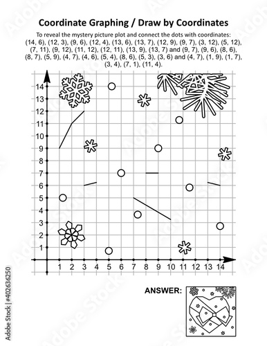 Coordinate graphing, or draw by coordinates, math worksheet with St Valentine's Day heart and bow: To reveal the mystery picture plot and connect the dots with given coordinates. Answer included.
