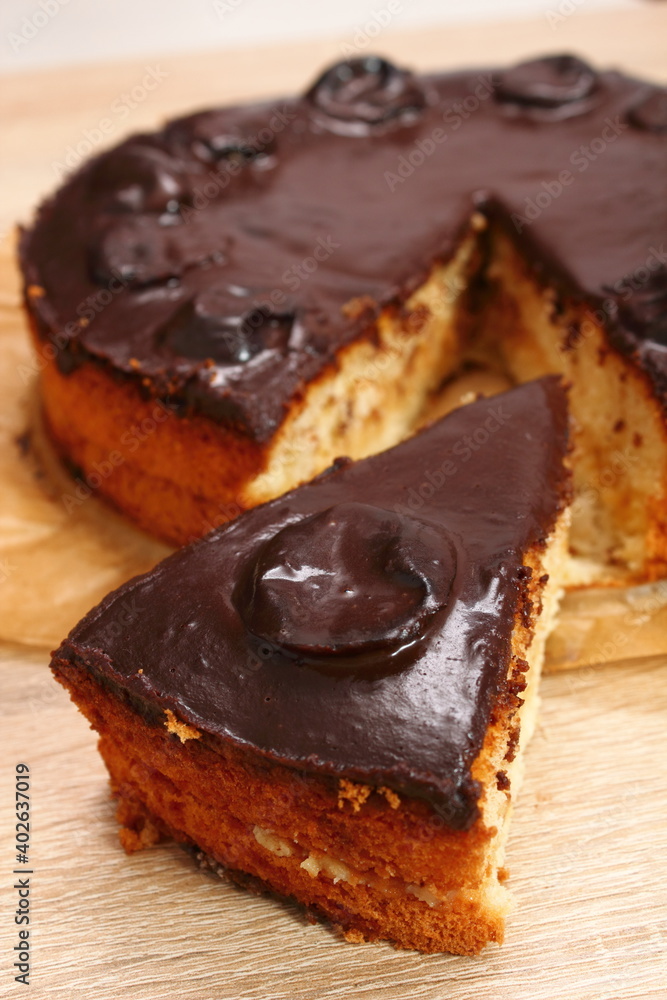 Chocolate Topped Sponge Cake with Prunes and Toffee Sauce