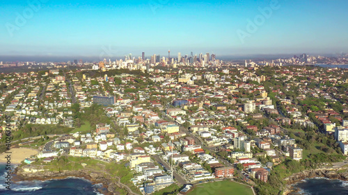Photography Aerial drone view over Bondi in Sydney, Australia during summer on a sunny morni