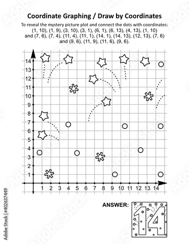 Coordinate graphing, or draw by coordinates, math worksheet with St Valentine's Day number fourteen: To reveal the mystery picture plot and connect the dots with given coordinates. Answer included.
