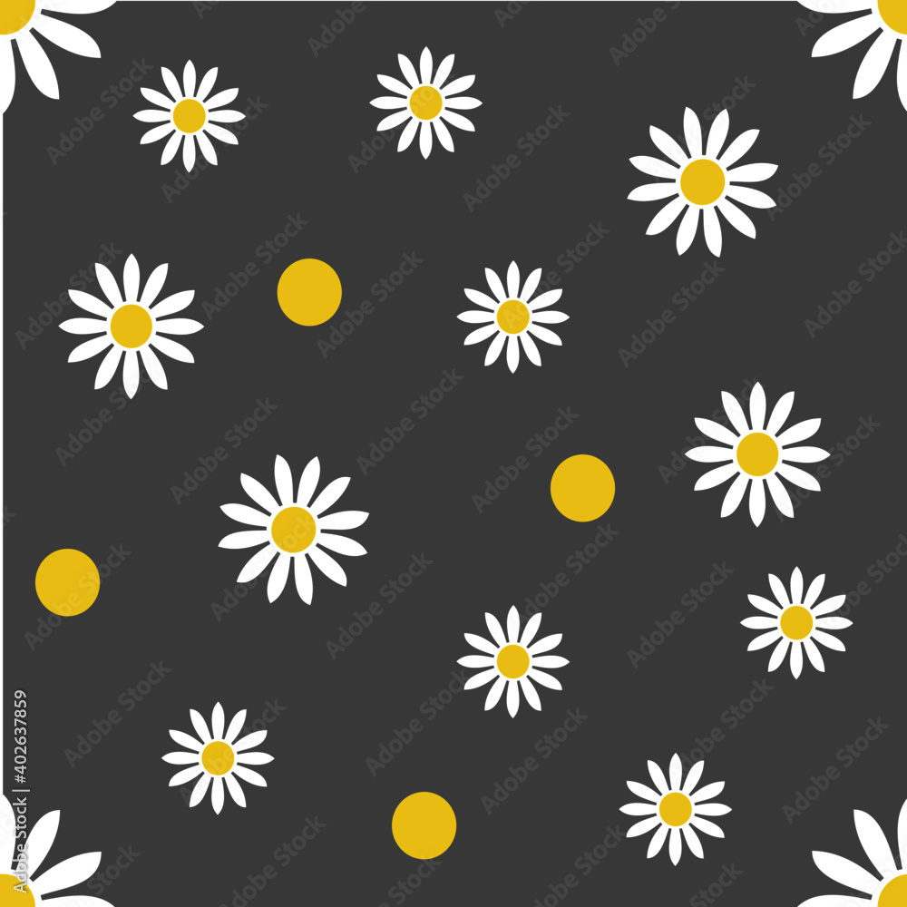 White and yellow chamomile flowers on an ultimate gray background seamless pattern