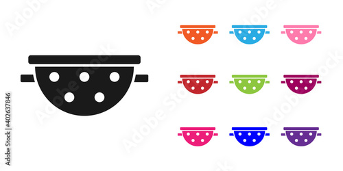 Black Kitchen colander icon isolated on white background. Cooking utensil. Cutlery sign. Set icons colorful. Vector.