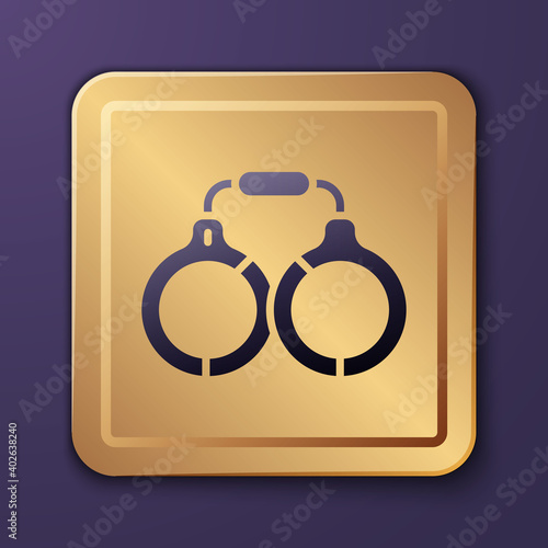 Purple Handcuffs icon isolated on purple background. Gold square button. Vector.