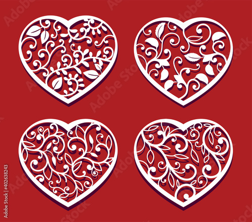 Hearts on red background for laser cutting. Set of white ornamental hearts