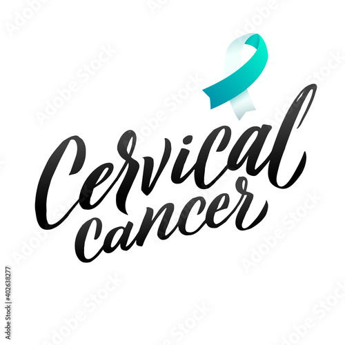 Cervical Cancer Vector Illustration. Ribbon around letters. Vector Stroke White and Teal Ribbon. January is Cervical Cancer Awareness Month