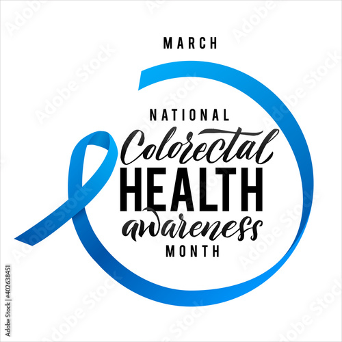 Colorectal Health Awareness Month Vector Illustration. Ribbon around letters. Vector Stroke Blue Ribbon. March is Cancer Awareness Month