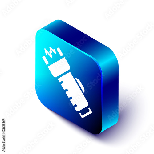 Isometric Police electric shocker icon isolated on white background. Shocker for protection. Taser is an electric weapon. Blue square button. Vector.