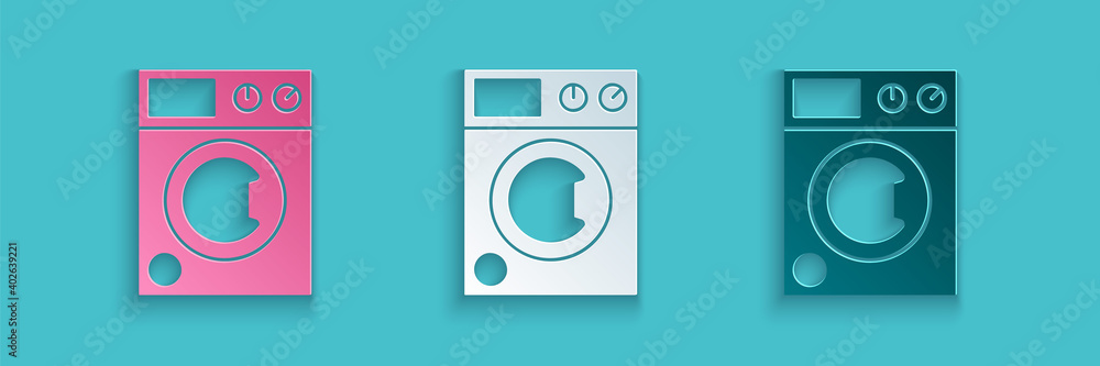 Paper cut Washer icon isolated on blue background. Washing machine icon. Clothes washer - laundry machine. Home appliance symbol. Paper art style. Vector. - obrazy, fototapety, plakaty 