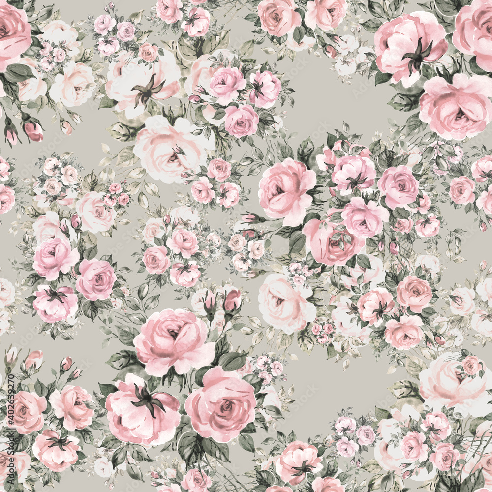 Fototapeta Abstract floral seamless print beautiful bouquets of roses drawn by paints with buds and foliage