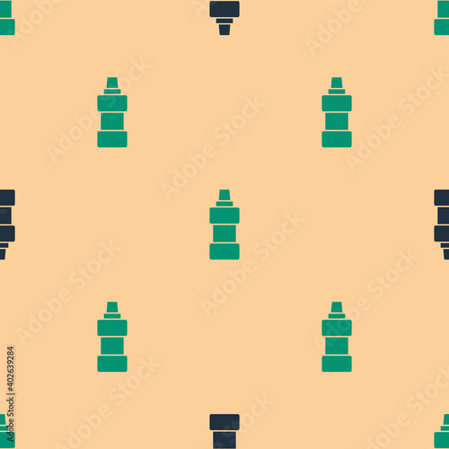 Green and black Plastic bottle for laundry detergent, bleach, dishwashing liquid or another cleaning agent icon isolated seamless pattern on beige background. Vector.