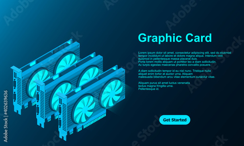 3d isometric video graphic card. Video Graphics Card for cryptocurrency mining or gaming. Personal computer hardware components. GPU Graphic card illustration