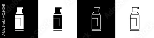 Set Spray can for hairspray, deodorant, antiperspirant icon isolated on black and white background. Vector.