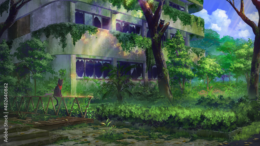 anime background 2 black cats in abandoned place  - obrazy, fototapety, plakaty 