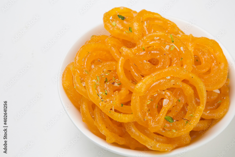 Jalebi or Jilbi or imarati, indian sweet food fried in pure ghee Stock