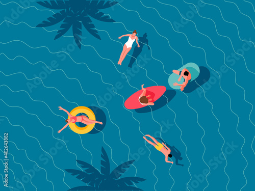 Group of young people swimming in a pool, sea. Aerial view. Flat design illustration.