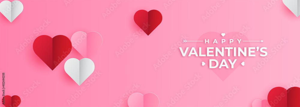 Valentines hearts postcard. Paper flying elements on pink background. Vector symbols of love in shape of heart for Happy Valentine's Day greeting card design.