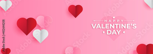 Valentines hearts postcard. Paper flying elements on pink background. Vector symbols of love in shape of heart for Happy Valentine's Day greeting card design.