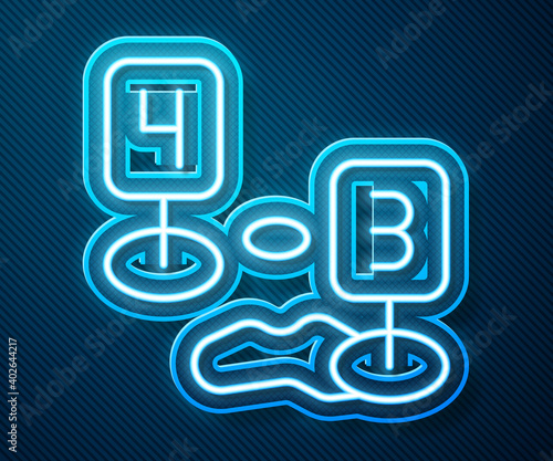Glowing neon line Marker of crime scene icon isolated on blue background. Vector.