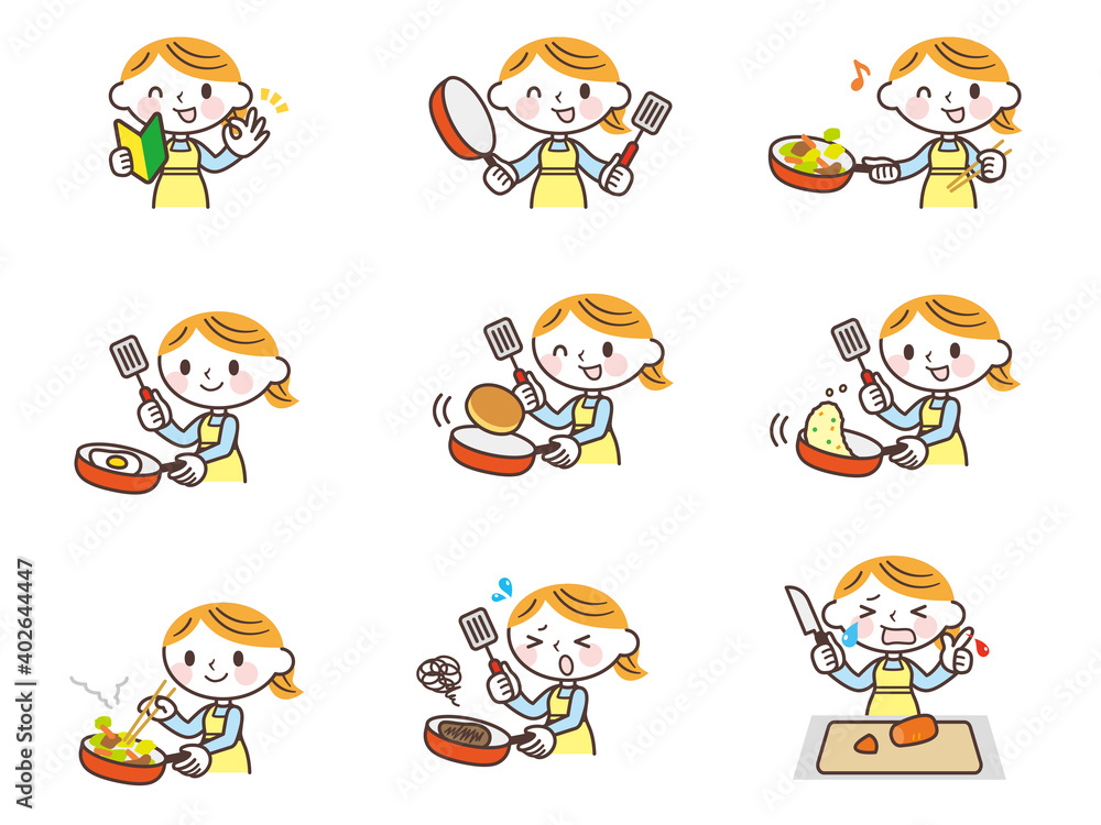 フライパンで料理する女性セット　Woman cooking in a frying pan