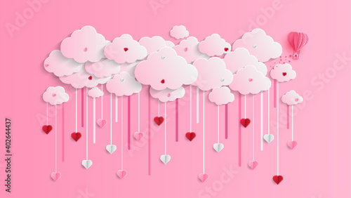 Happy Valentine's day paper cut card. Glittering hearts and clouds with place for text