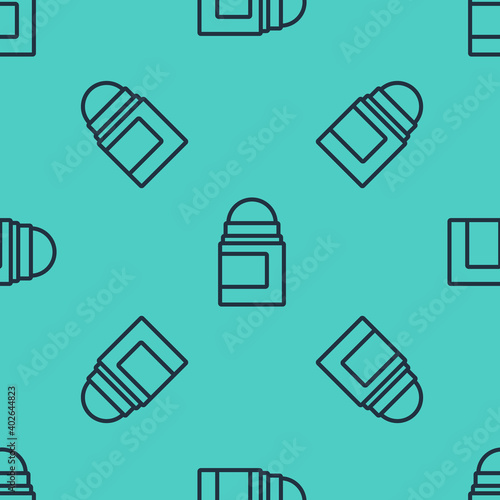 Black line Antiperspirant deodorant roll icon isolated seamless pattern on green background. Cosmetic for body hygiene. Vector.