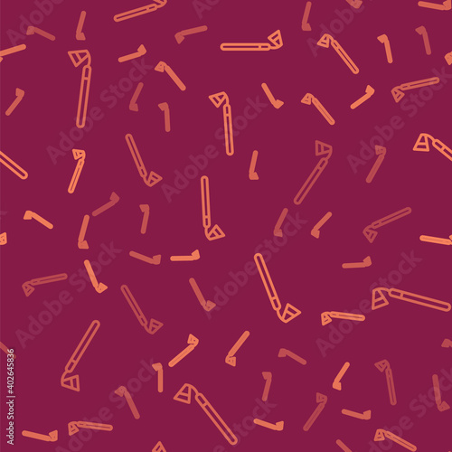 Brown line Garden hoe icon isolated seamless pattern on red background. Tool for horticulture, agriculture, farming. Vector.