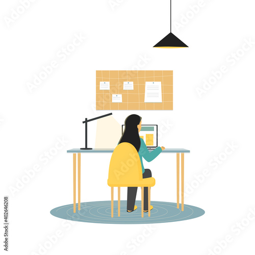 Working at home, coworking space, concept illustration. Young woman freelancer working on laptops or computer. People at home in quarantine. Vector flat style illustration on white background