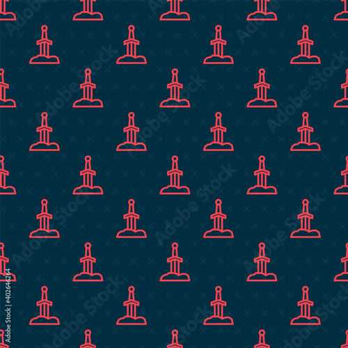 Red line Sword in the stone icon isolated seamless pattern on black background. Excalibur the sword in the stone from the Arthurian legends. Vector.
