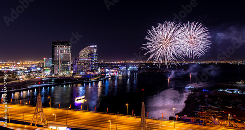 Canvas Print View over DUbai Creek and and New Year Fireworks