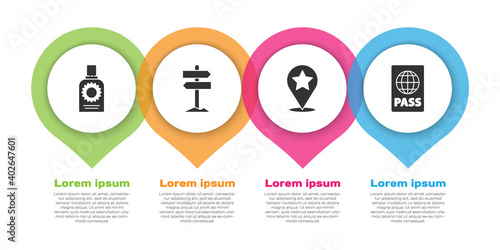 Set Sunscreen spray bottle, Road traffic signpost, Map pointer with star and Passport. Business infographic template. Vector.