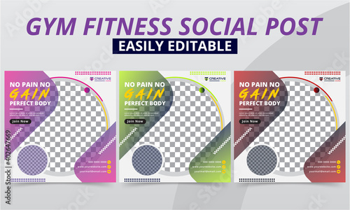 Fitness gym social media post premium vector template design set for Workout studio & club Promo Header & Offer Ads. Modern geometric Sports & Bodybuilding social layouts web banner & square flyer.