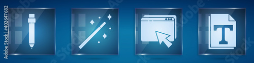Set Pencil with eraser, Magic wand, Web design and development and Text file document. Square glass panels. Vector.