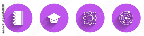 Set Spiral notebook, Graduation cap, Atom and Solar system icon with long shadow. Vector.