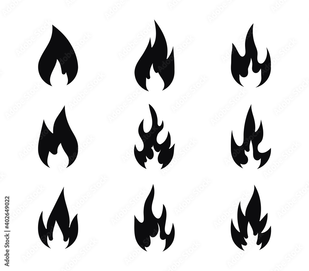 Fiery flame icon set. Fire vector icons. Hot flaming elements. Template logo. Design elements collection.