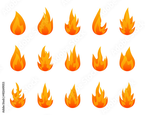 Fiery flame icon set. Orange fire vector icons. Hot flaming elements. Template logo. Design elements collection.