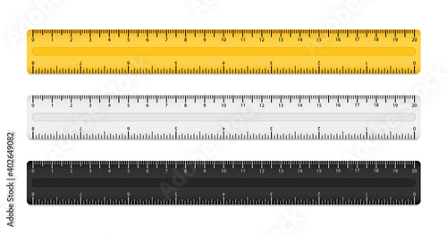 Set of rulers with scale 20 cm. Ruler with cm and inches scale. Realistic plastic yellow, white and black ruler. Measuring tool.
