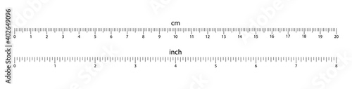 Measuring scale with cm and inches. Marking for the ruler in centimeters and inches . Ruler 20 centimeter and 8 inch. Measuring tool.