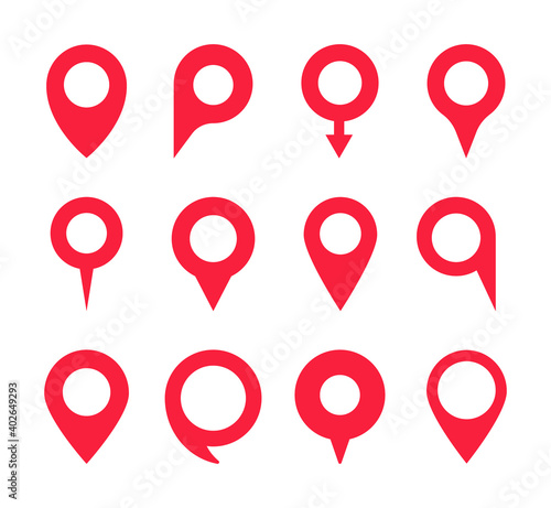 Set of red pointers. Map markers. Map pins. Navigation and location icons. Vector illustration.