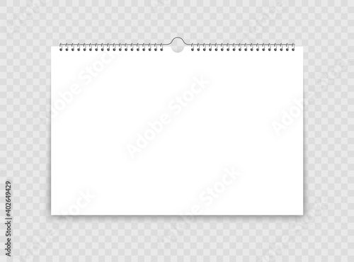 Mock up realistic wall calendar with spiral. White paper tear-off landscape calendar. Empty template for spiral brochure, notepad and calendar. Blank postcard for advertising design.