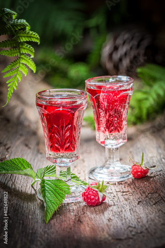 Foto Fresh raspberries tincture made of alcohol and fruits